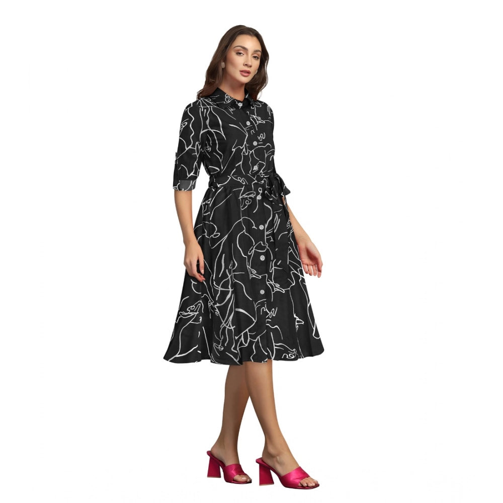 Women's Ruby Cotton Printed Shirt Collar 3-4th Sleeve Dress — Black