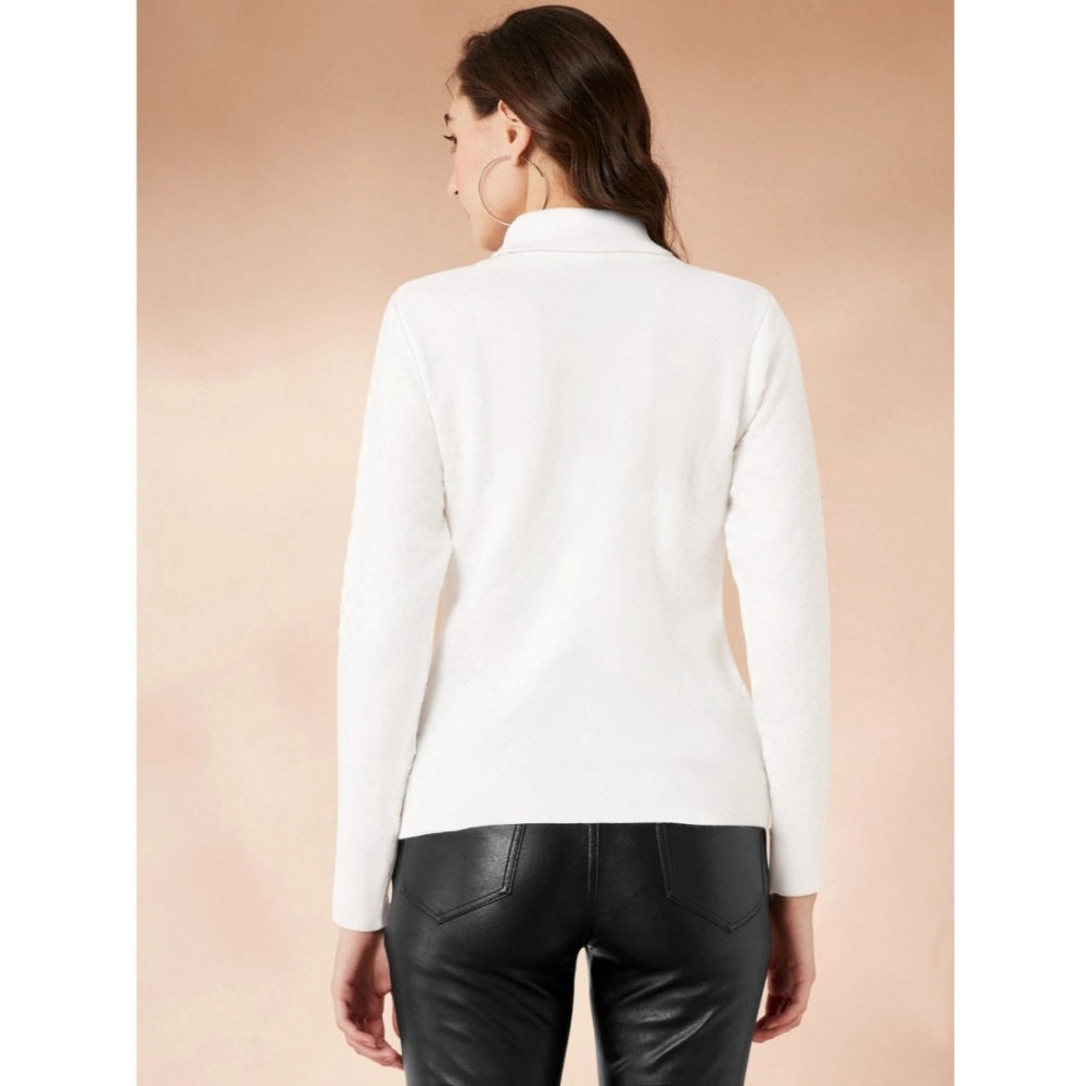 Women's Solid High Neck Full Sleeve T-Shirt — White
