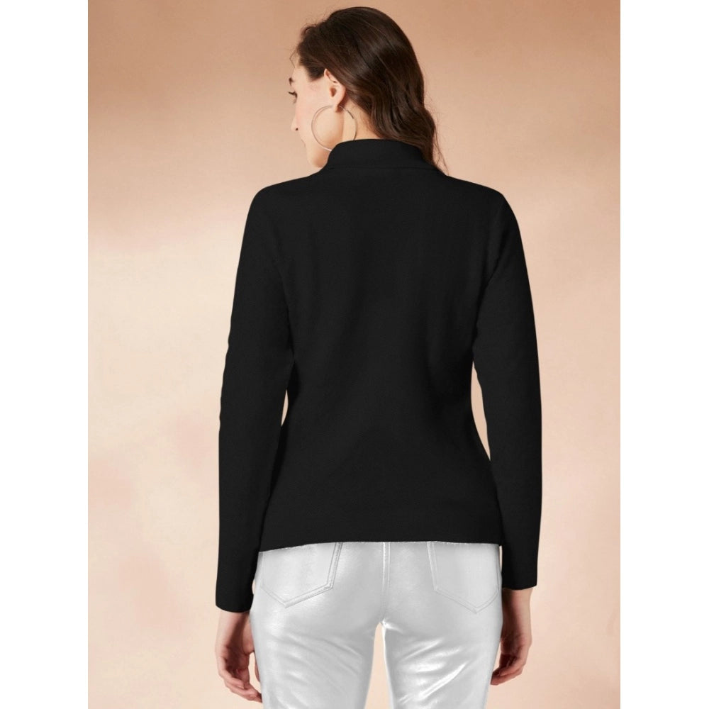 Women's Solid High Neck Full Sleeve T-Shirt — Black