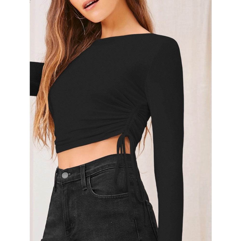 Women's Solid Round Neck Full Sleeve Top — Black