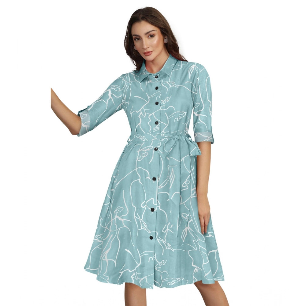 Women's Ruby Cotton Printed Shirt Collar 3-4th Sleeve Dress — Pista