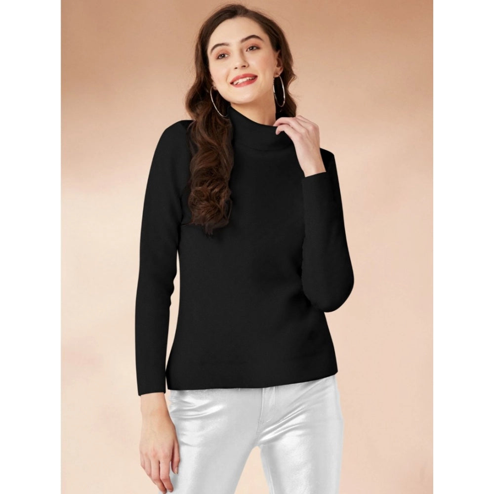 Women's Solid High Neck Full Sleeve T-Shirt — Black