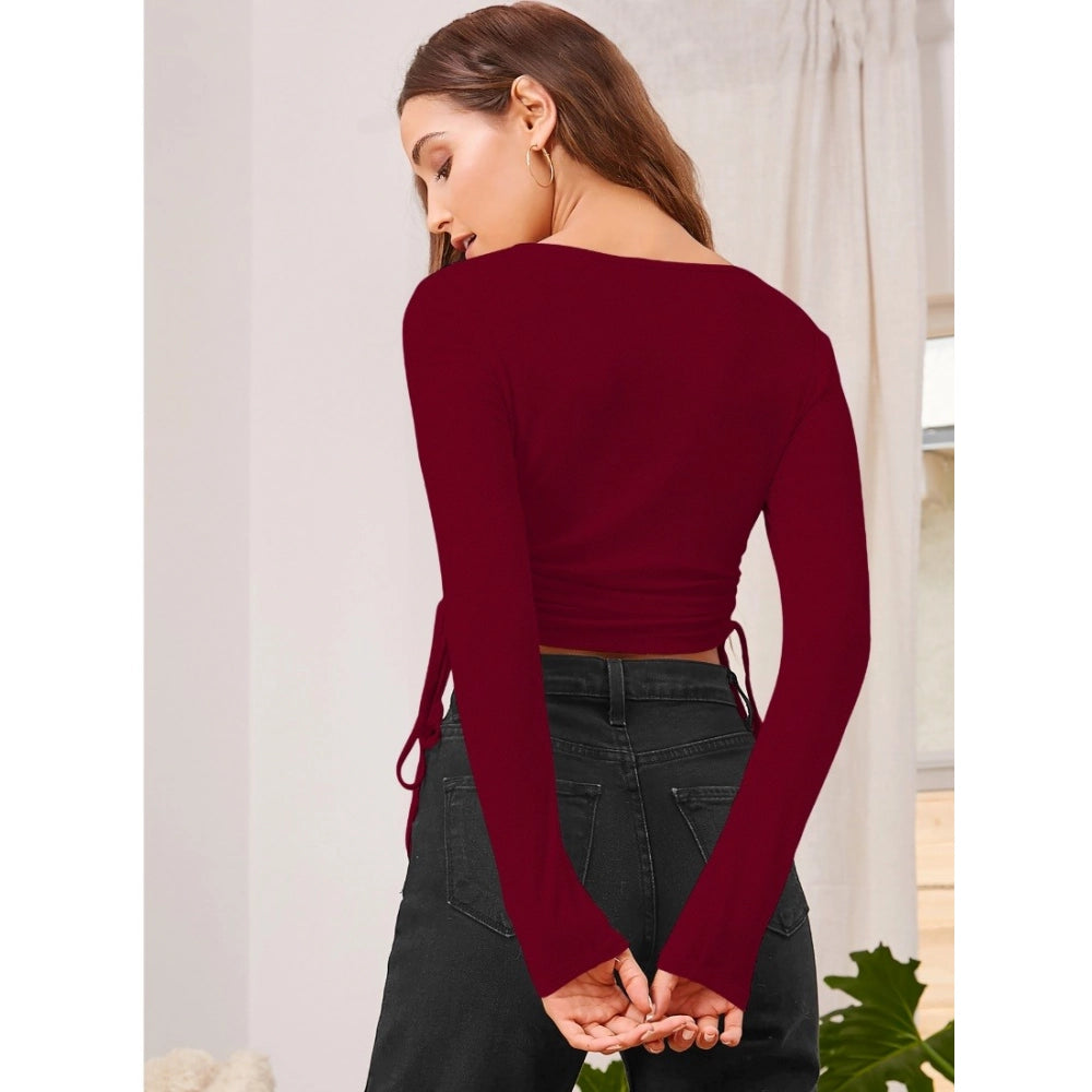 Women's Solid Round Neck Full Sleeve Top — Maroon