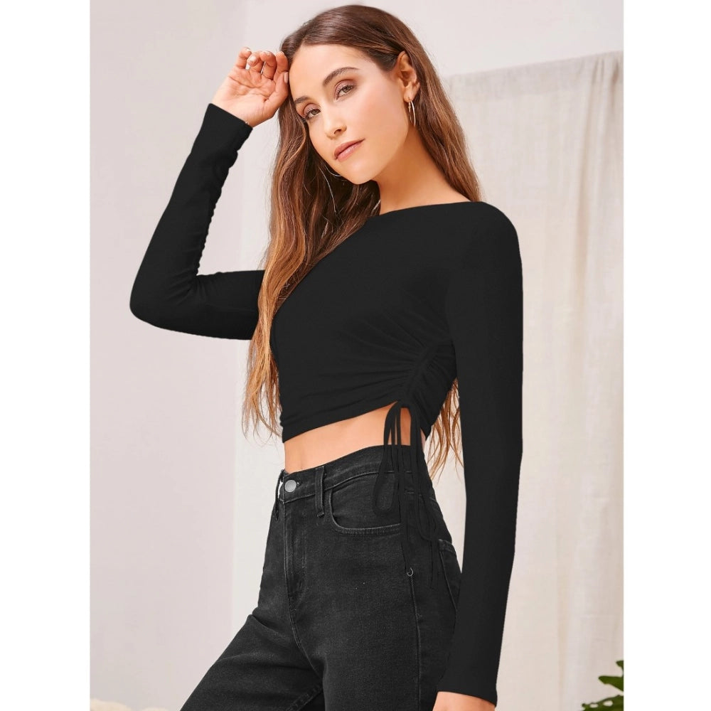 Women's Solid Round Neck Full Sleeve Top — Black