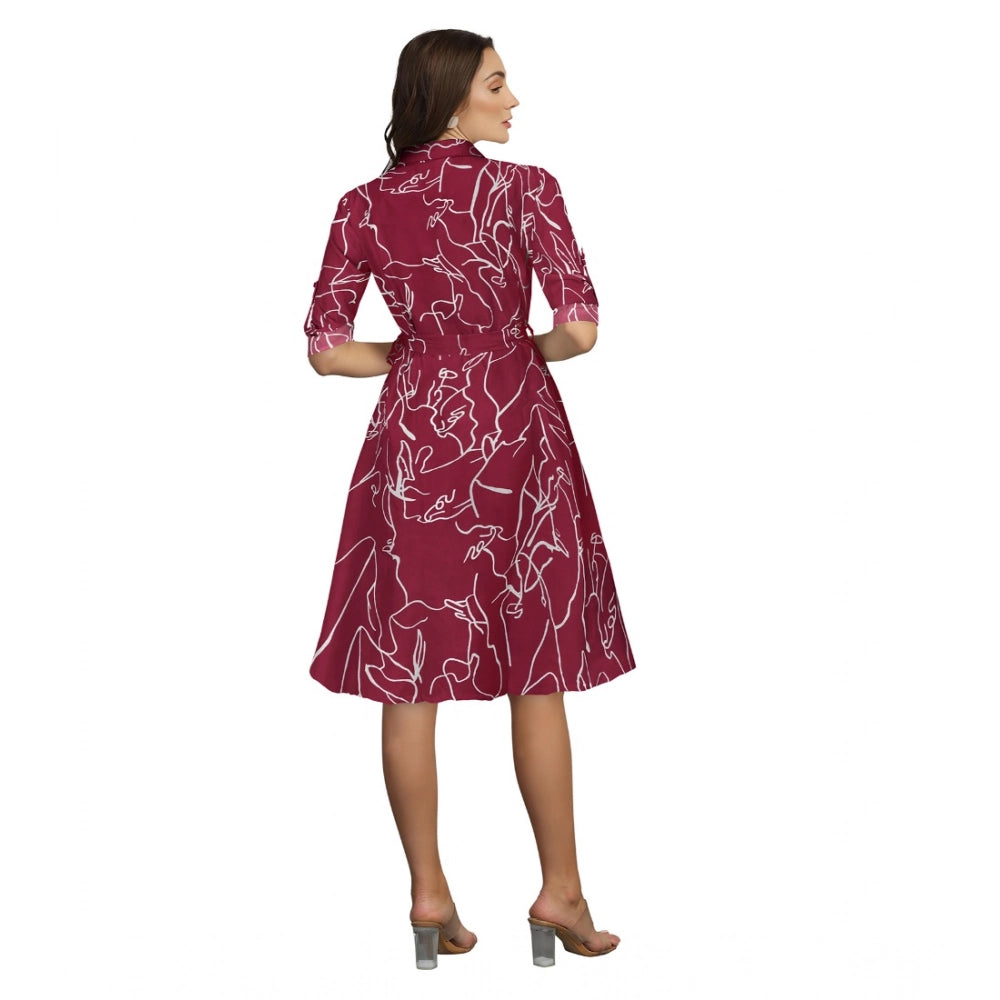 Women's Ruby Cotton Printed Shirt Collar 3-4th Sleeve Dress — Maroon