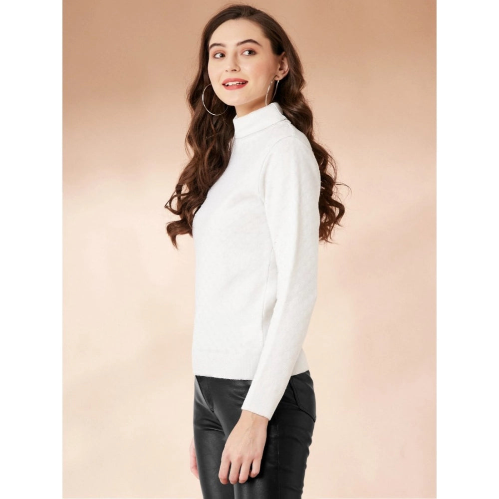Women's Solid High Neck Full Sleeve T-Shirt — White