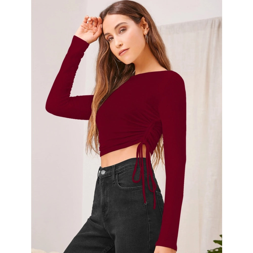 Women's Solid Round Neck Full Sleeve Top — Maroon