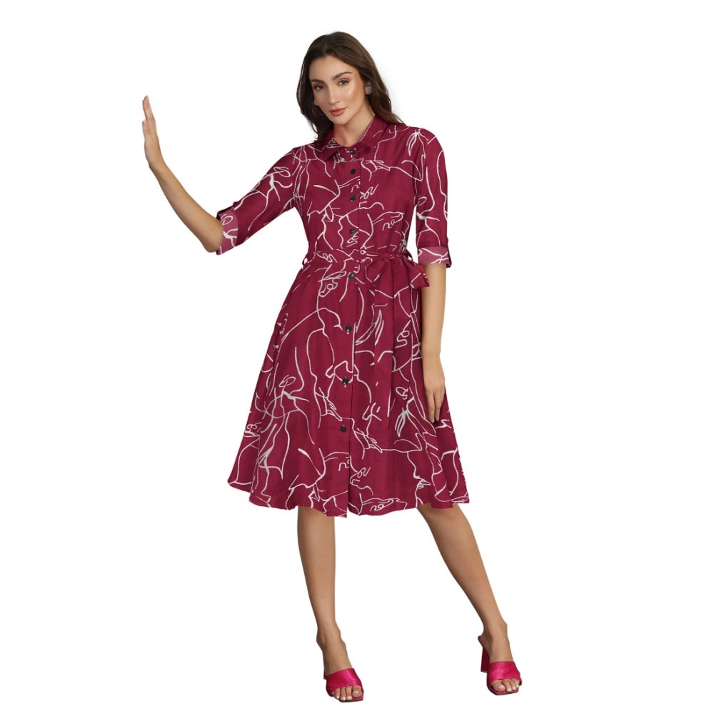 Women's Ruby Cotton Printed Shirt Collar 3-4th Sleeve Dress — Maroon
