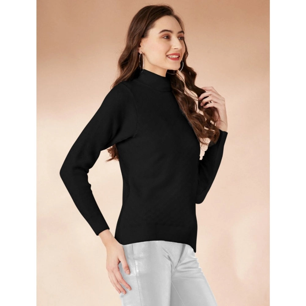 Women's Solid High Neck Full Sleeve T-Shirt — Black