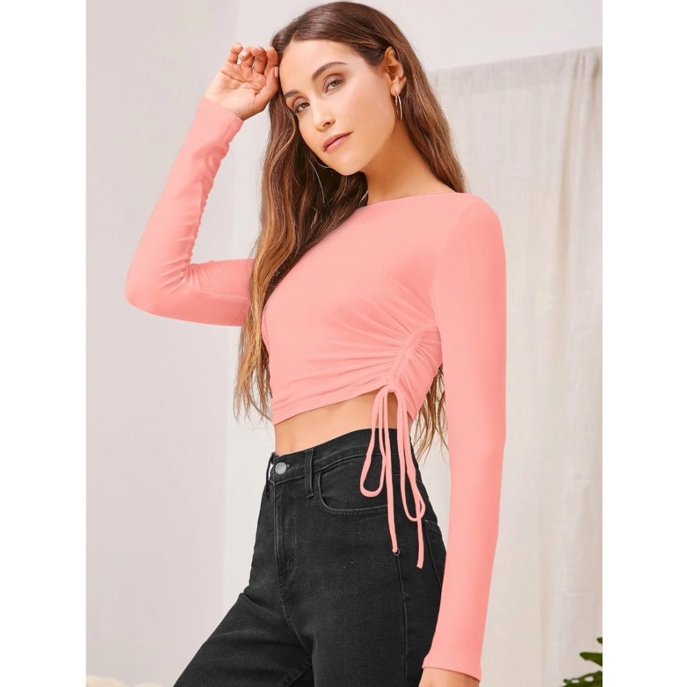 Women's Solid Round Neck Full Sleeve Top — Peach
