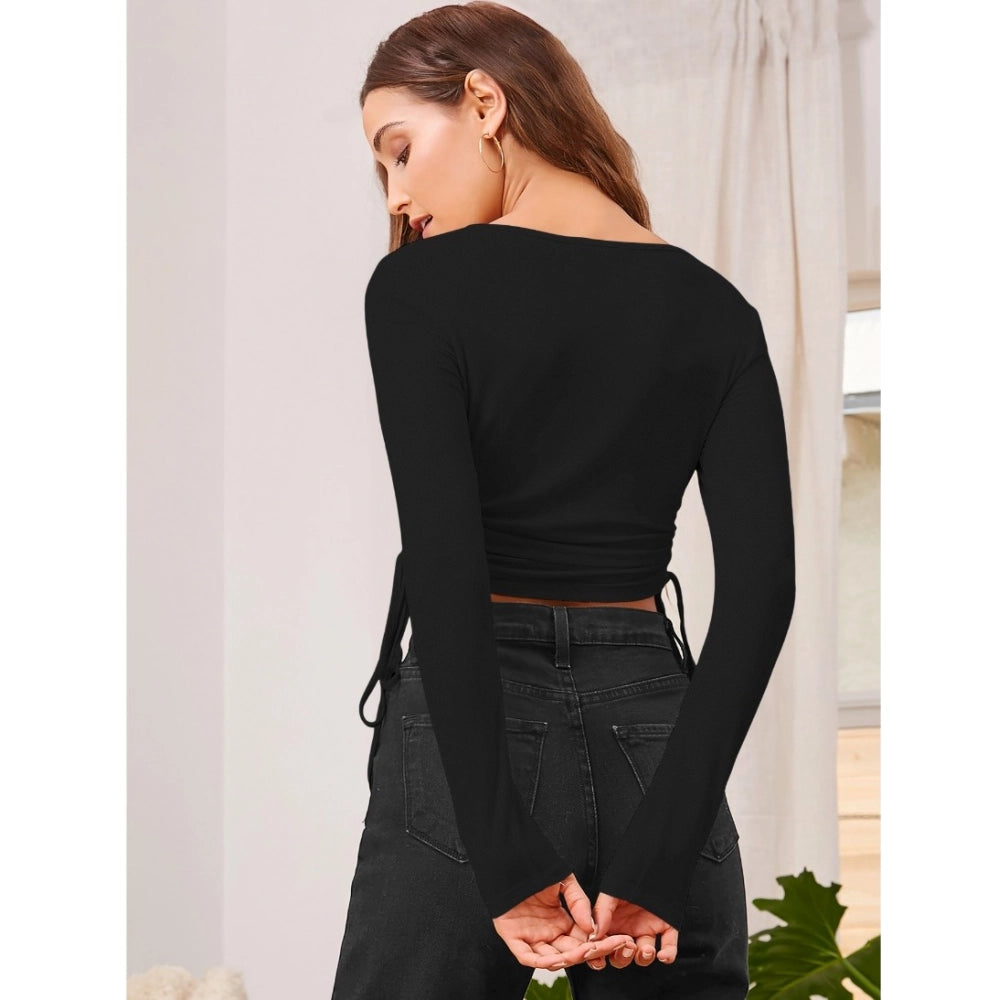 Women's Solid Round Neck Full Sleeve Top — Black