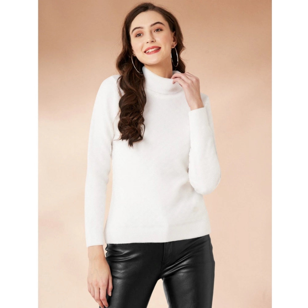 Women's Solid High Neck Full Sleeve T-Shirt — White