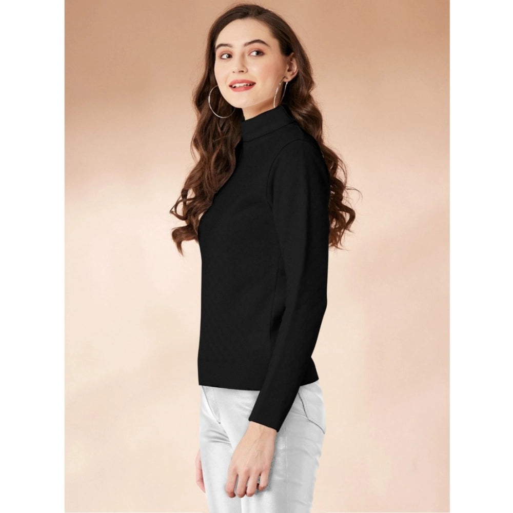 Women's Solid High Neck Full Sleeve T-Shirt — Black