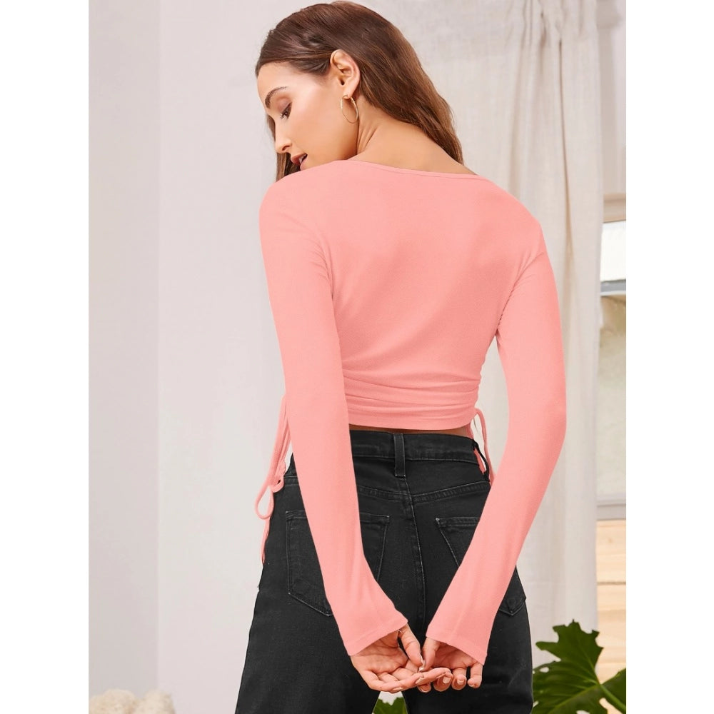 Women's Solid Round Neck Full Sleeve Top — Peach