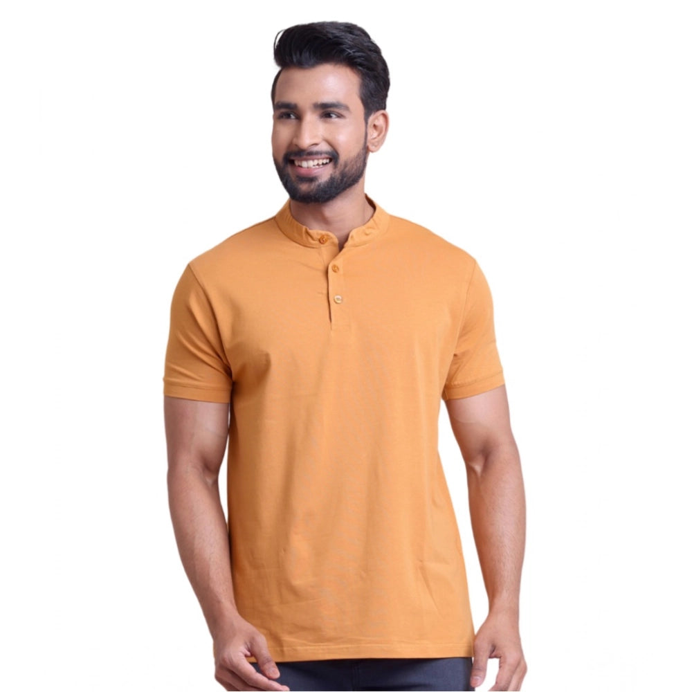 Men's Casual Cotton Solid Half Sleeve Mandarin Collar T-Shirt — Brown
