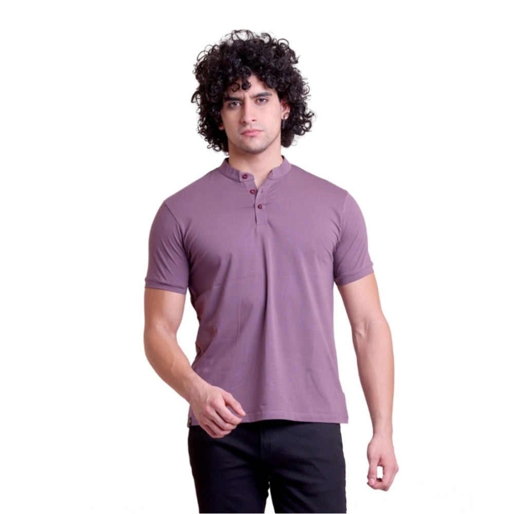 Men's Casual Cotton Solid Half Sleeve Mandarin Collar T-Shirt — Berry