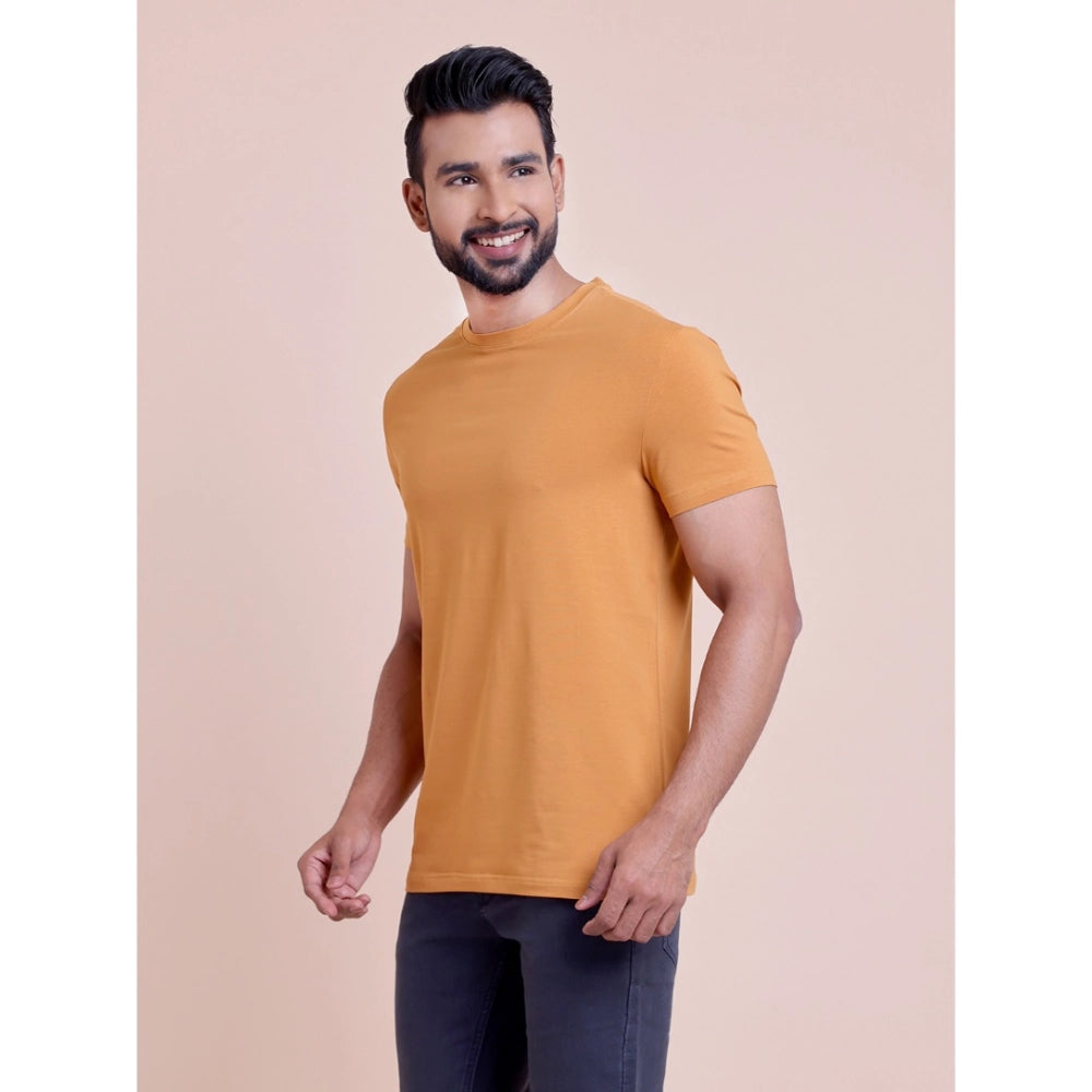 Men's Casual Cotton Solid Half Sleeve Round Neck T-Shirt — Brown