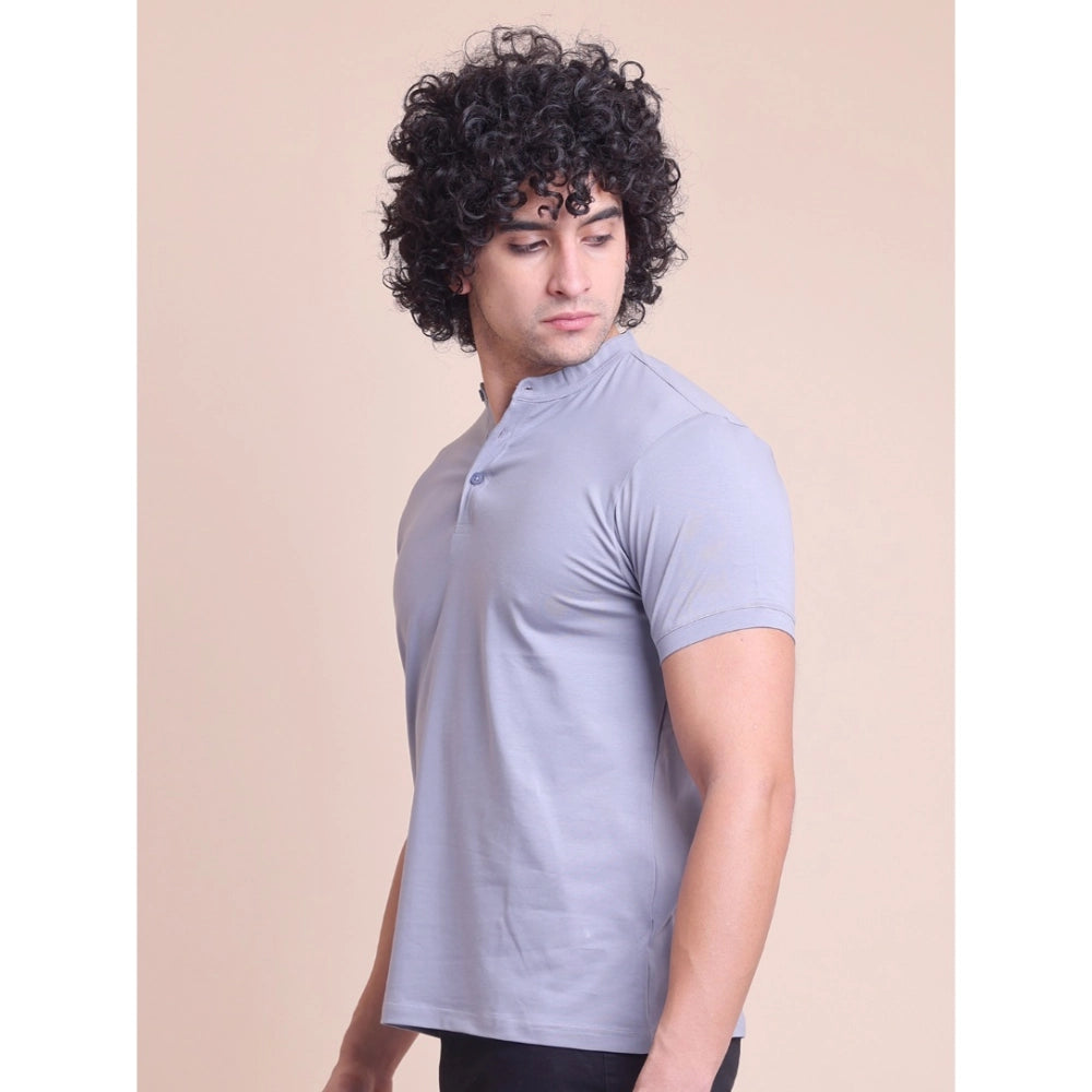 Men's Casual Cotton Solid Half Sleeve Mandarin Collar T-Shirt — Teegrey