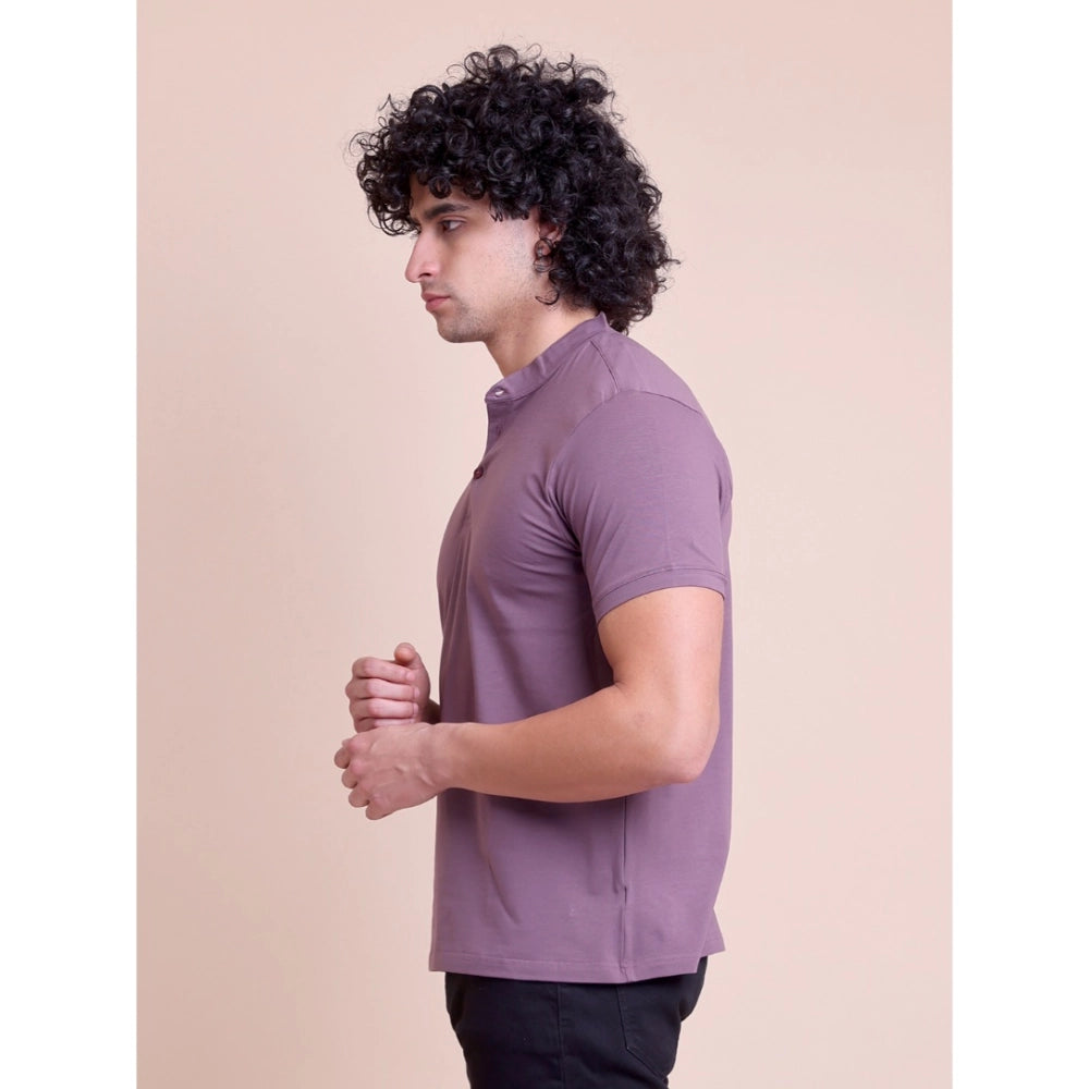 Men's Casual Cotton Solid Half Sleeve Mandarin Collar T-Shirt — Berry
