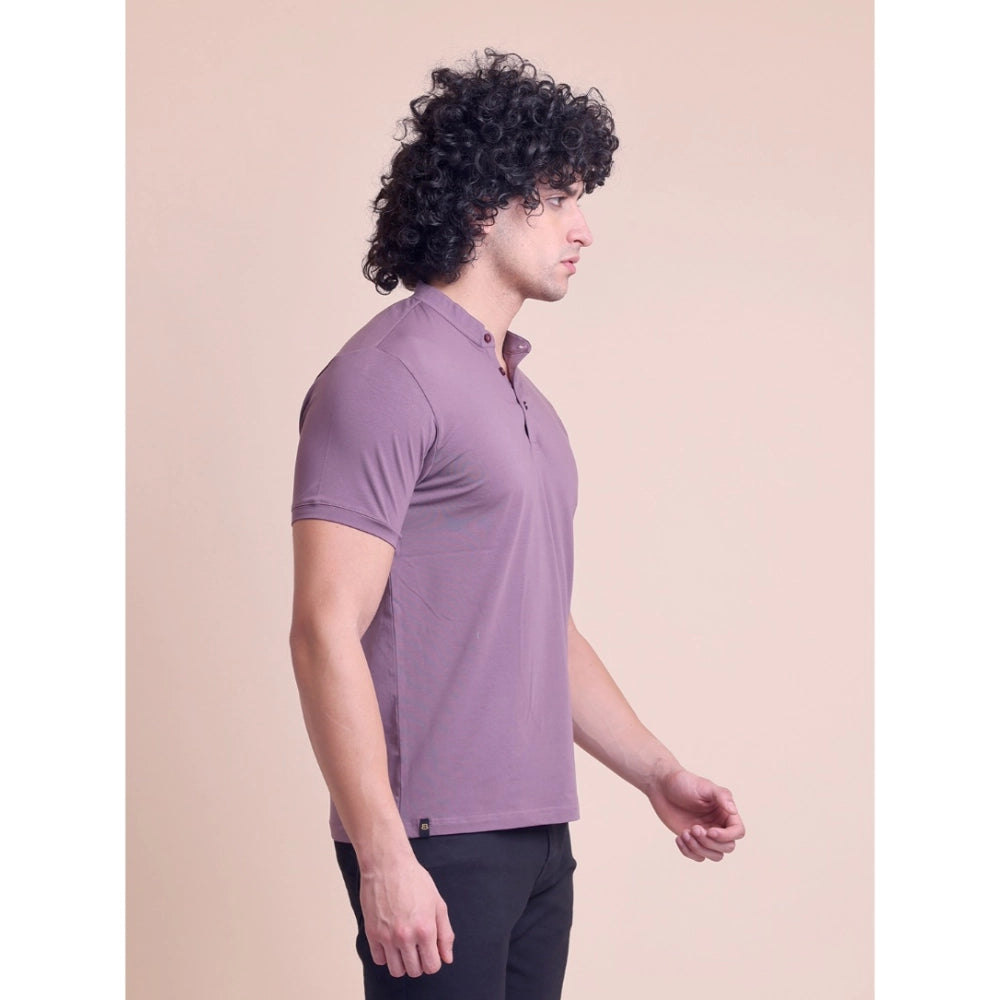 Men's Casual Cotton Solid Half Sleeve Mandarin Collar T-Shirt — Berry