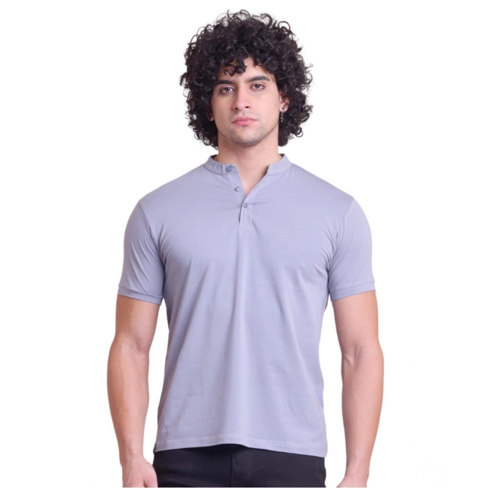 Men's Casual Cotton Solid Half Sleeve Mandarin Collar T-Shirt — Teegrey