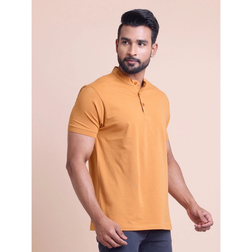 Men's Casual Cotton Solid Half Sleeve Mandarin Collar T-Shirt — Brown