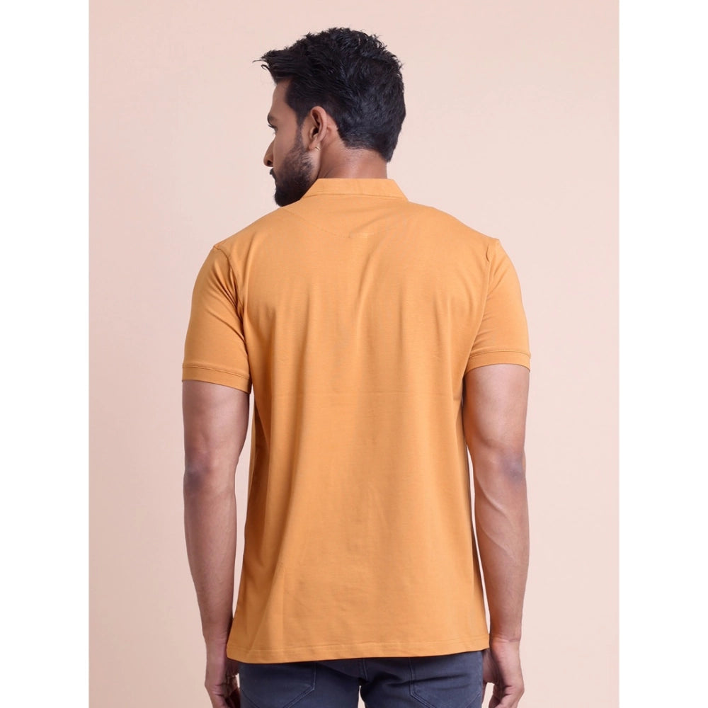 Men's Casual Cotton Solid Half Sleeve Mandarin Collar T-Shirt — Brown