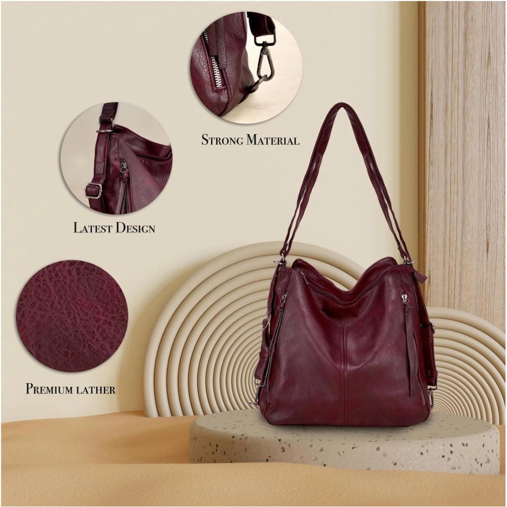 Women's Pu Leather Medium Shoulder Zipper Handbag — Wine Red