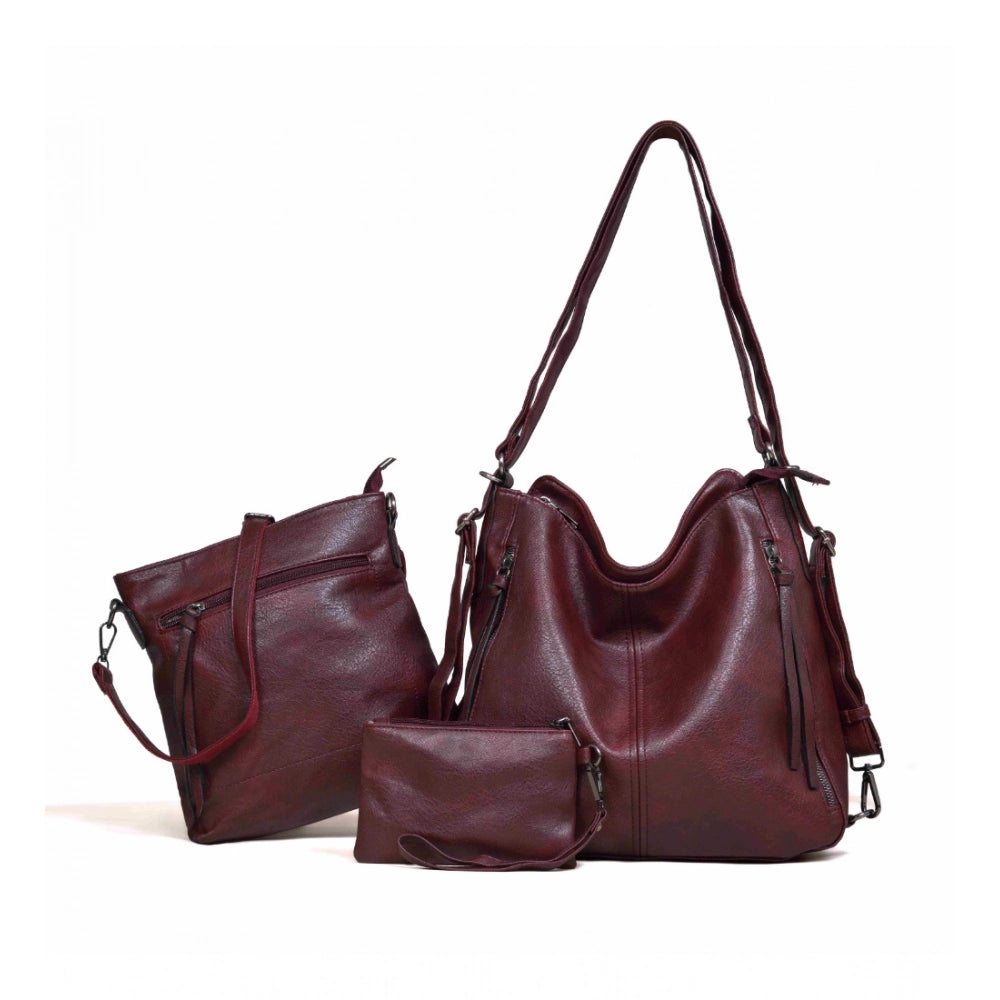 Women's Pu Leather Medium Shoulder Zipper Handbag — Wine Red