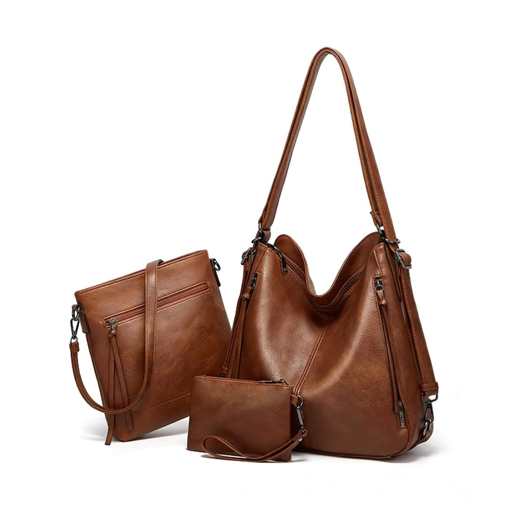 Women's Pu Leather Medium Shoulder Zipper Handbag — Brown