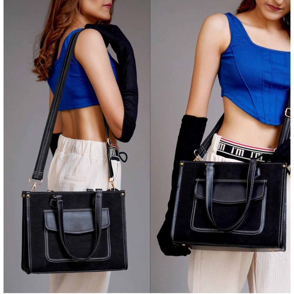 Women's Canvas Medium Top Handle Satchel Zipper Handbag — Black