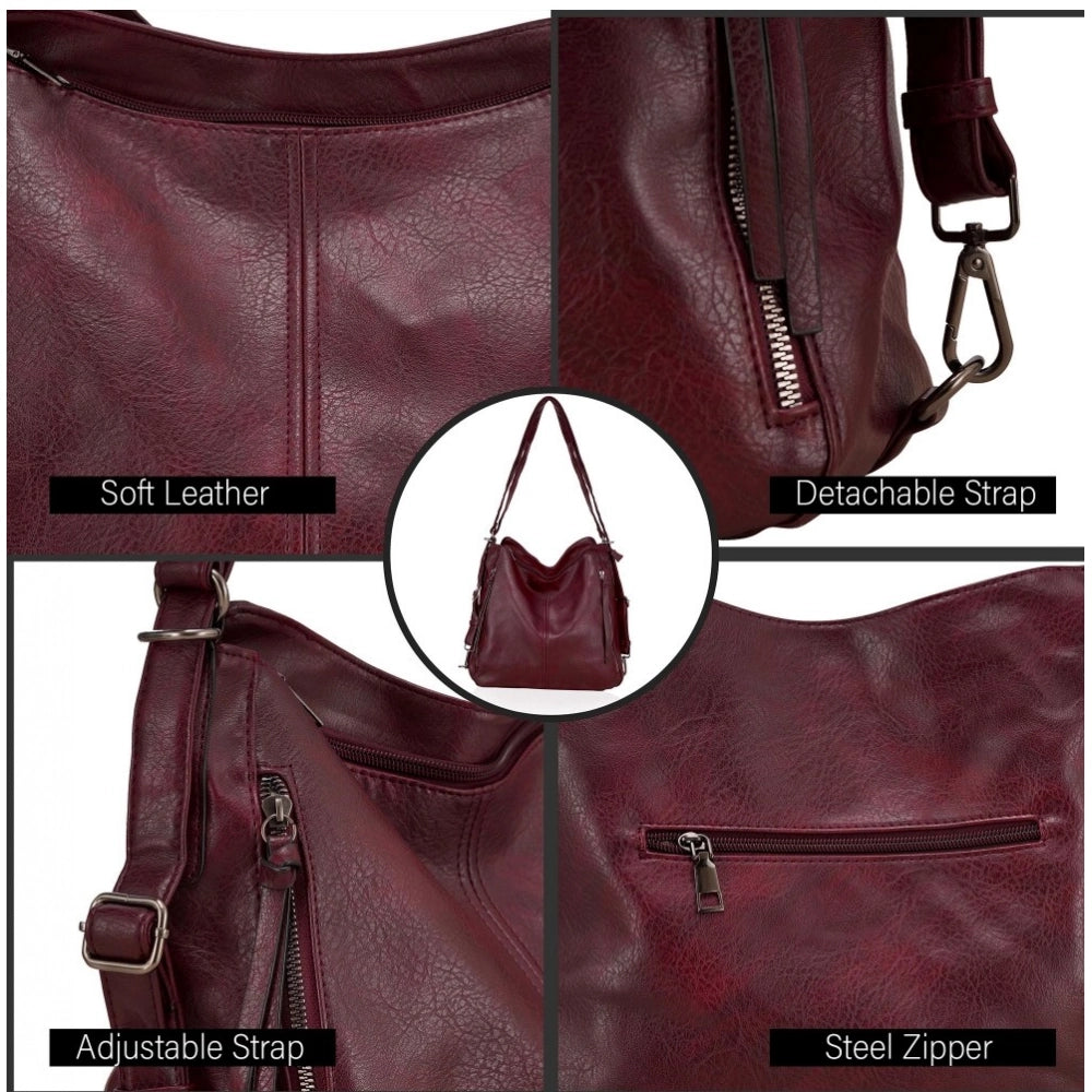 Women's Pu Leather Medium Shoulder Zipper Handbag — Wine Red