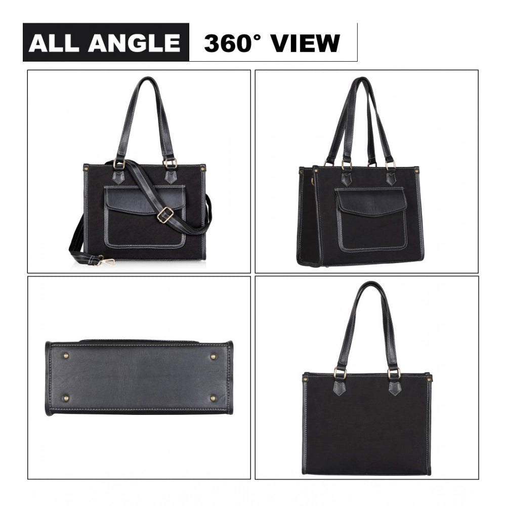Women's Canvas Medium Top Handle Satchel Zipper Handbag — Black