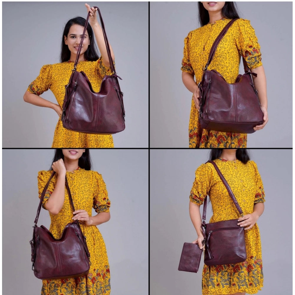 Women's Pu Leather Medium Shoulder Zipper Handbag — Wine Red
