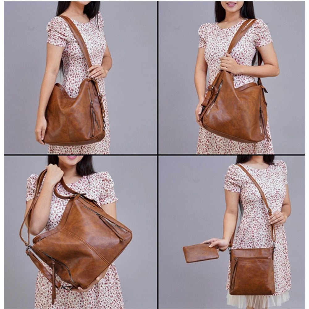 Women's Pu Leather Medium Shoulder Zipper Handbag — Brown