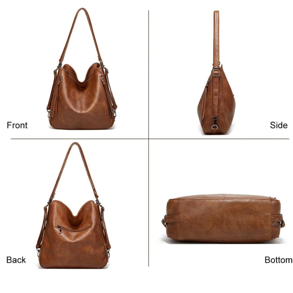 Women's Pu Leather Medium Shoulder Zipper Handbag — Brown