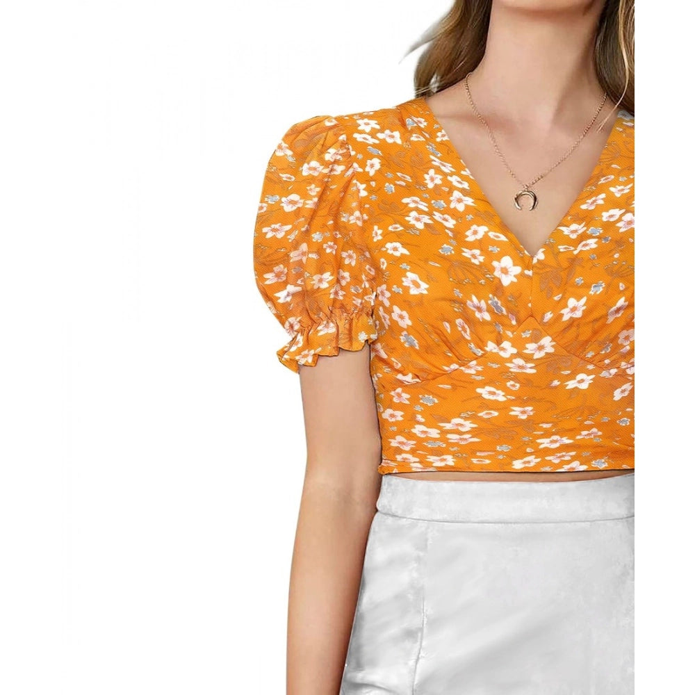 Women's Knitting Printed V-Neck Puff Sleeve Tops — Yellow