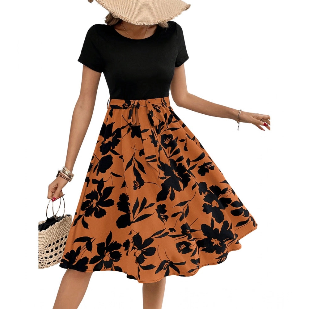 Women's Knitting Printed Round Neck Short Sleeve Dress — Orange