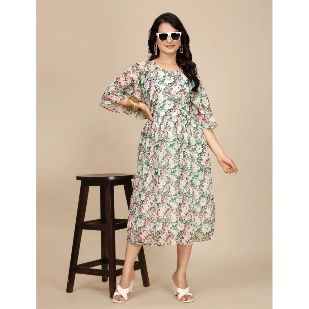 Women's Georgette Printed Round Neck Short Sleeve Dress — Pink