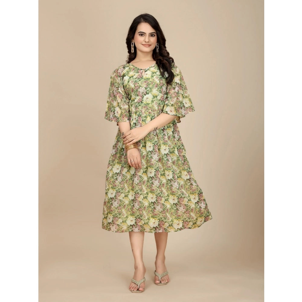 Women's Georgette Printed Round Neck Short Sleeve Dress — Green