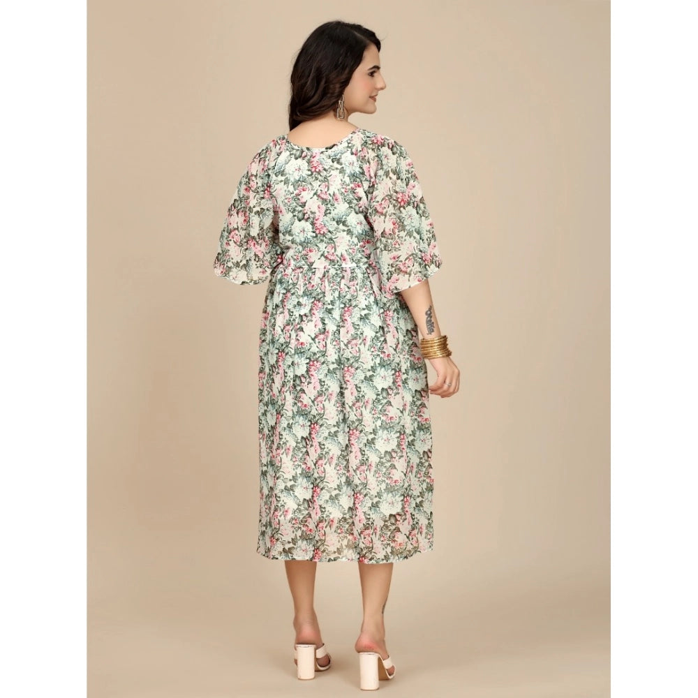 Women's Georgette Printed Round Neck Short Sleeve Dress — Pink