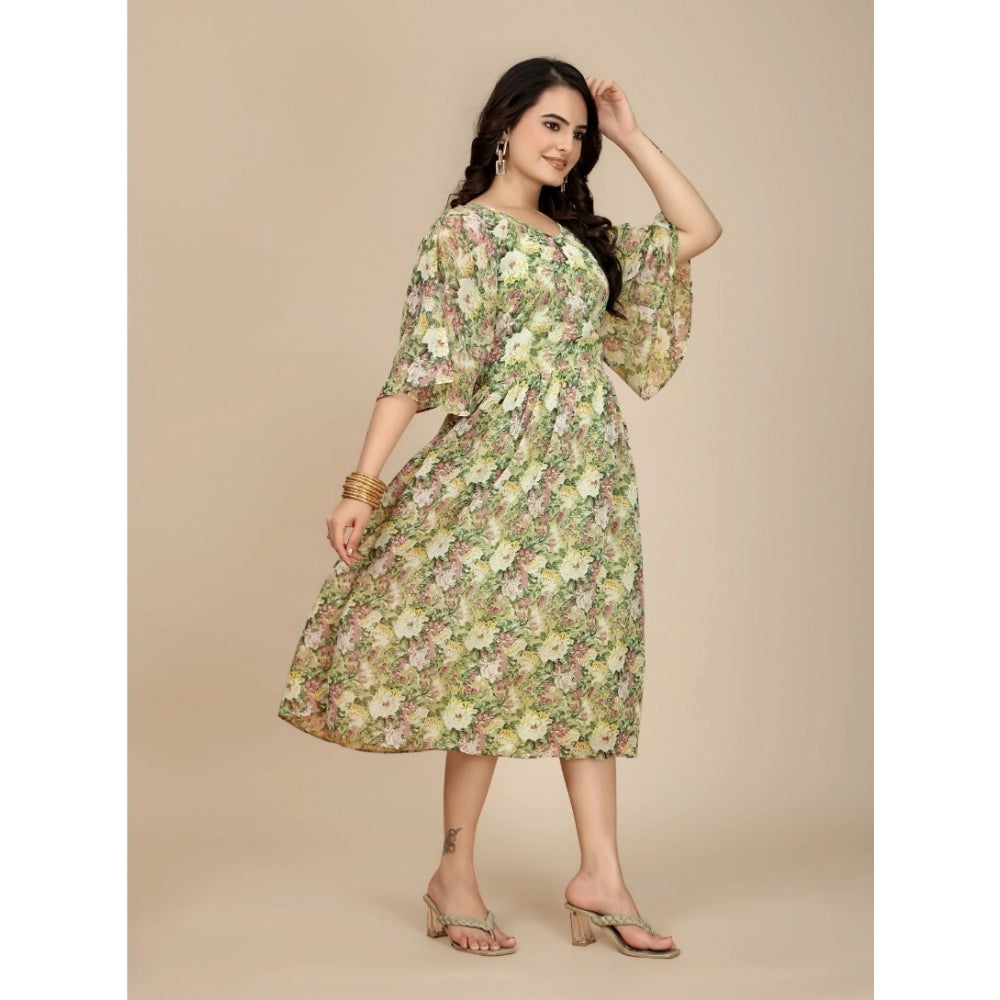 Women's Georgette Printed Round Neck Short Sleeve Dress — Green