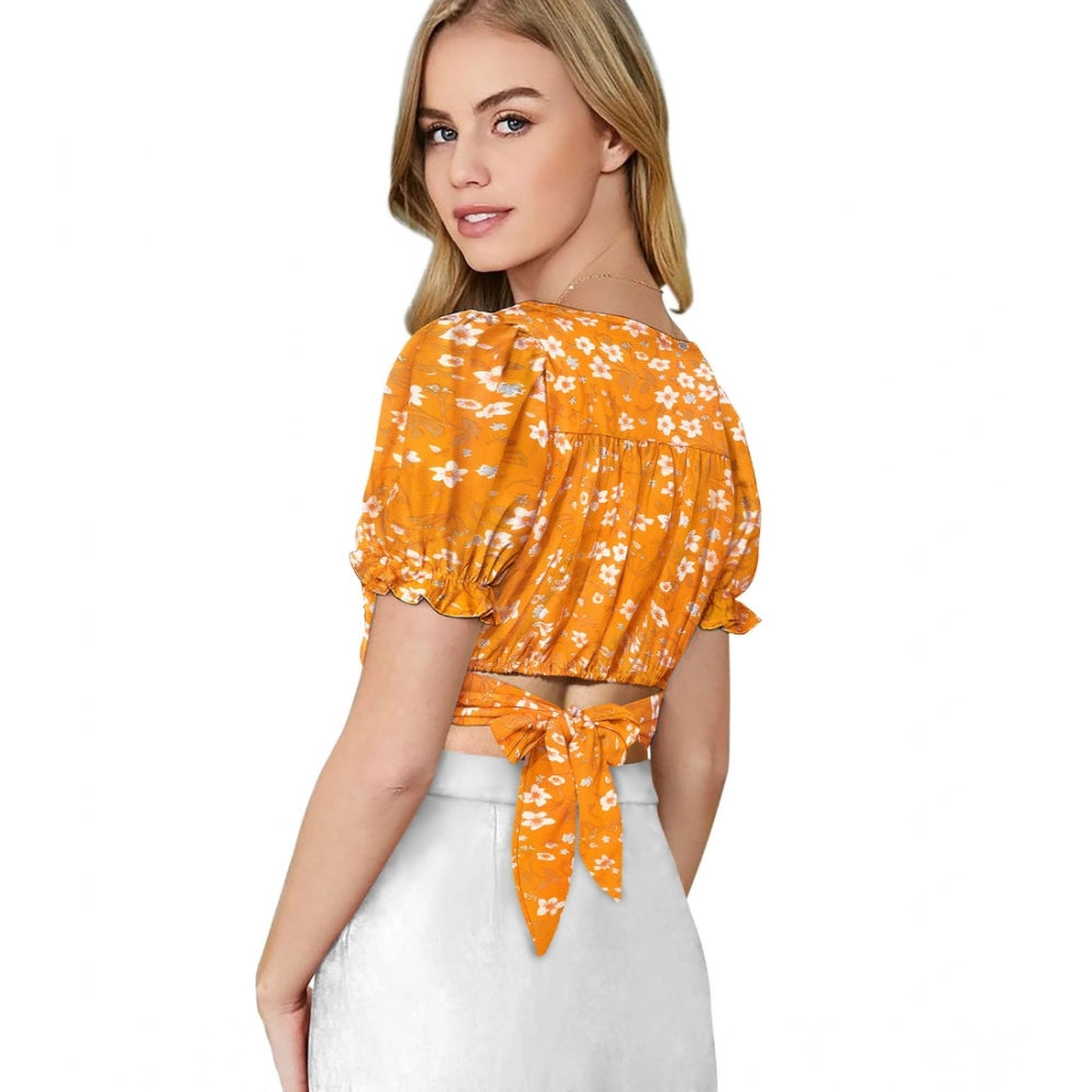 Women's Knitting Printed V-Neck Puff Sleeve Tops — Yellow
