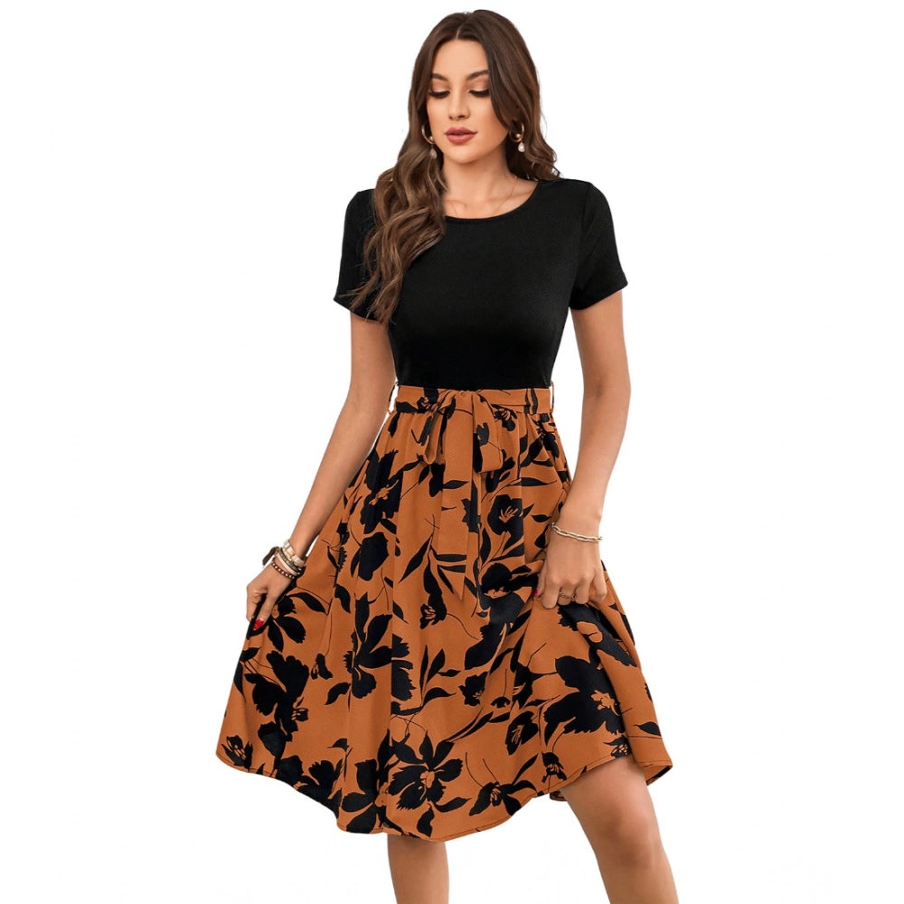 Women's Knitting Printed Round Neck Short Sleeve Dress — Orange