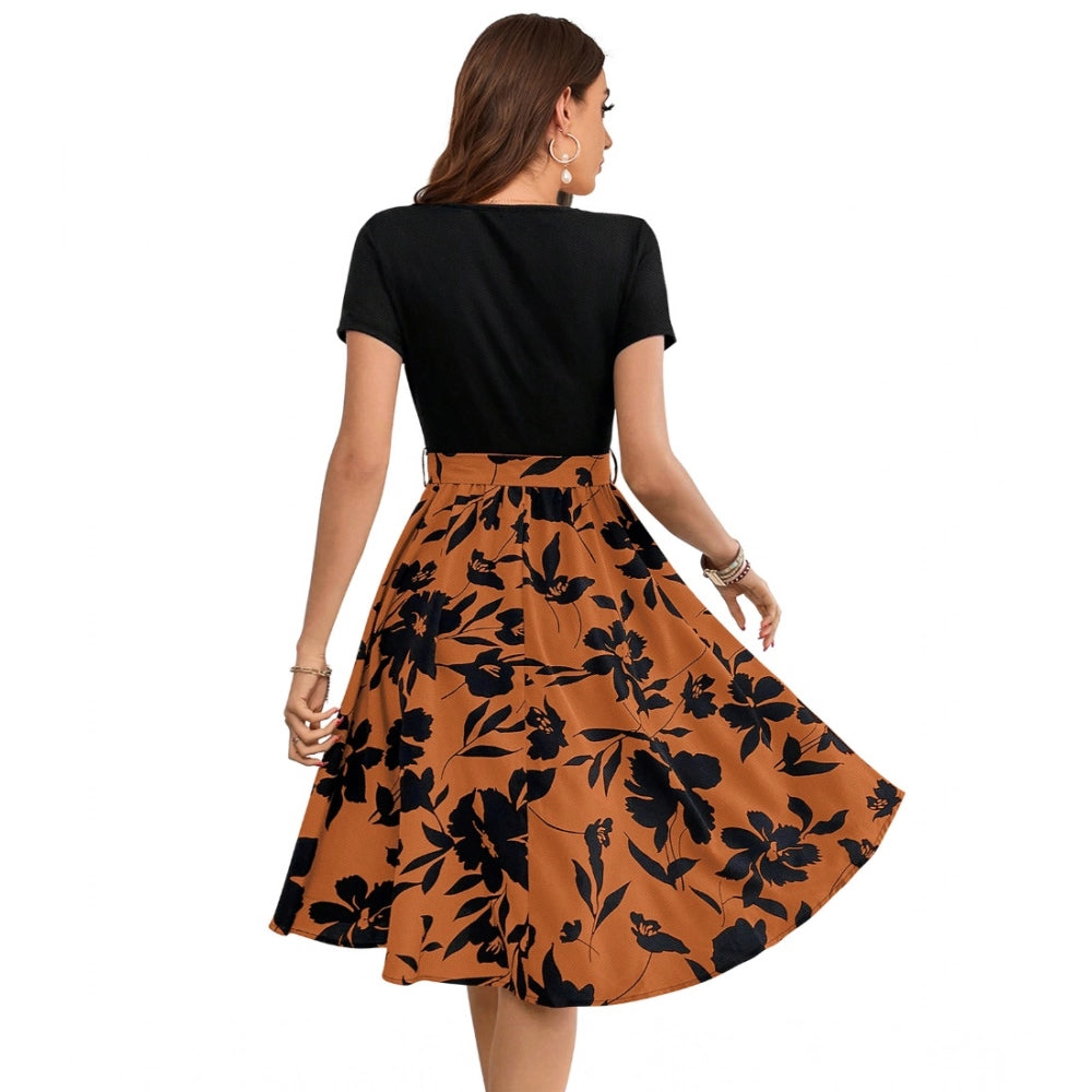 Women's Knitting Printed Round Neck Short Sleeve Dress — Orange