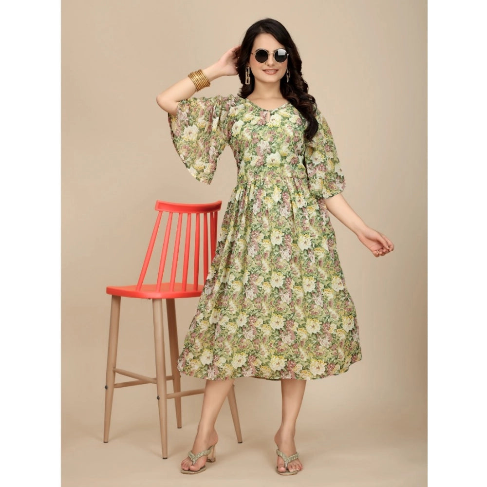 Women's Georgette Printed Round Neck Short Sleeve Dress — Green