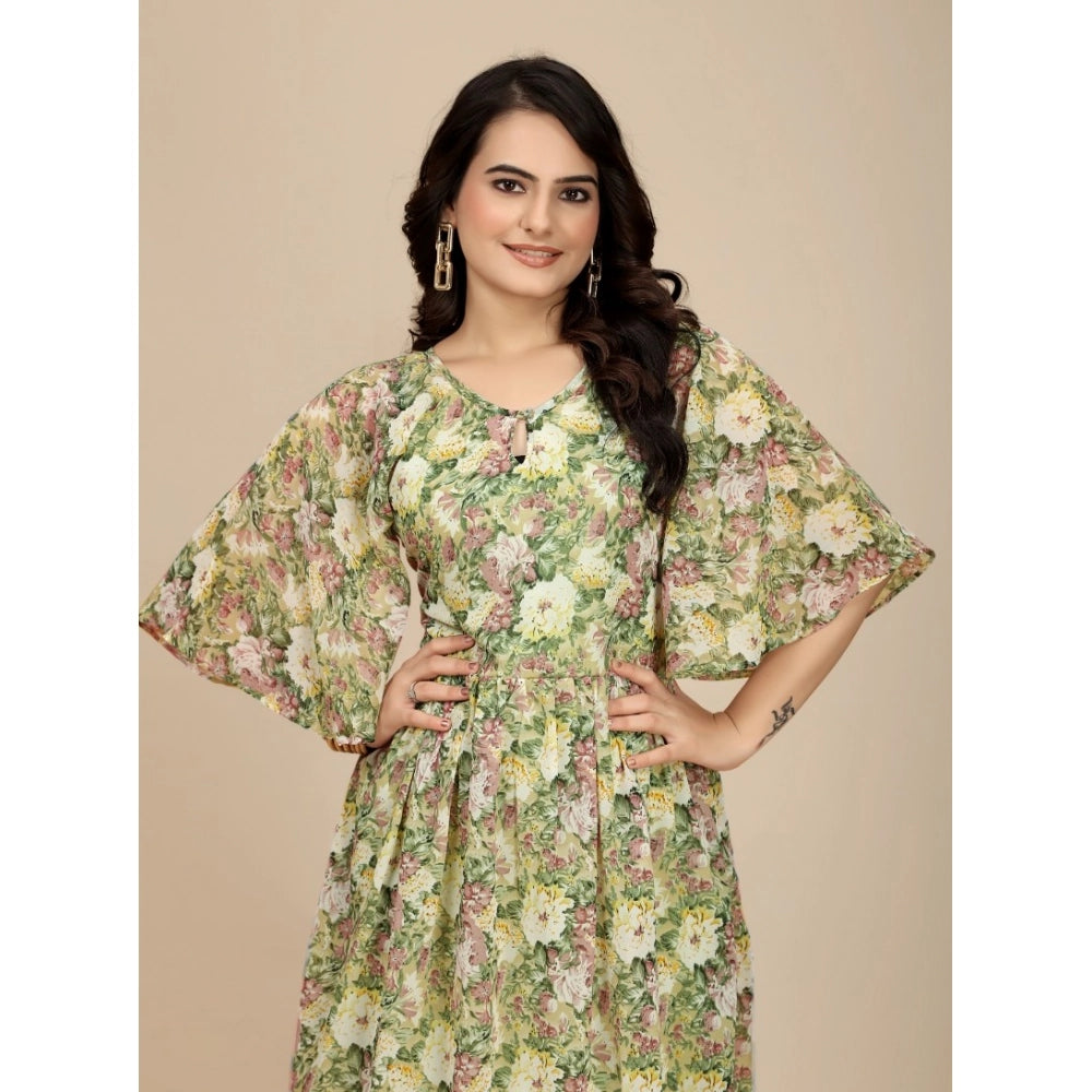 Women's Georgette Printed Round Neck Short Sleeve Dress — Green