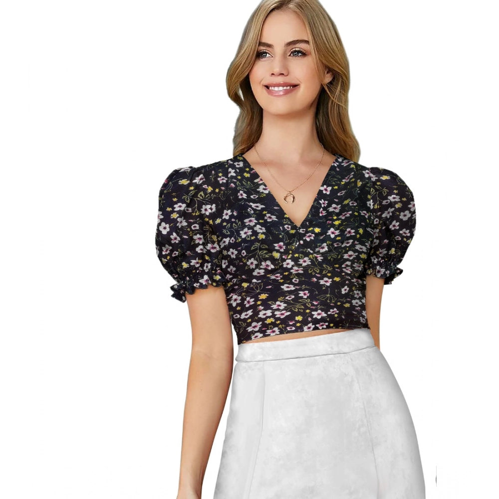 Women's Knitting Printed V-Neck Puff Sleeve Tops — Black