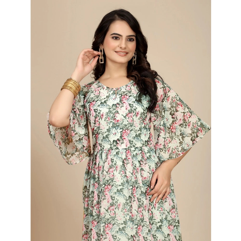 Women's Georgette Printed Round Neck Short Sleeve Dress — Pink