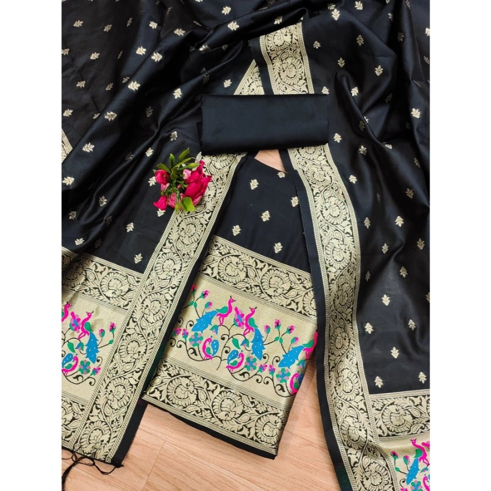 Women's Banarasi Silk Printed Unstitched Salwar Suit Material — Black · _Blk